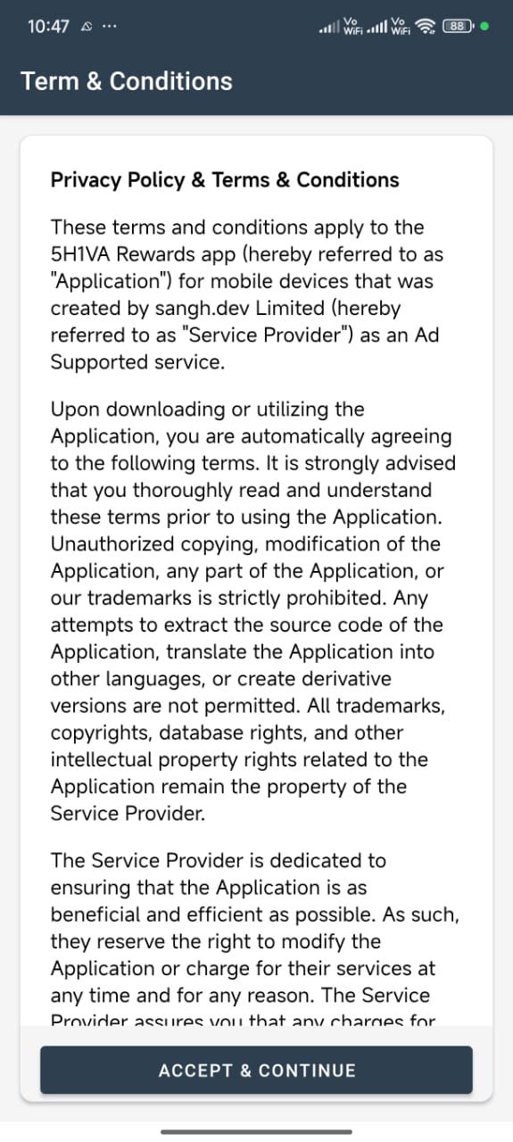 Terms & Conditions Screen